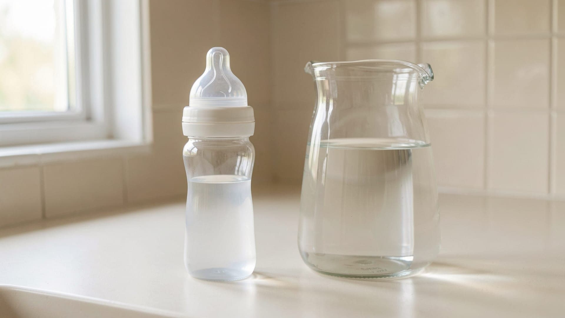 A clean baby feeding bottle with a silicone teat standing beside a clear glass jug of water on a kitchen counter by a window