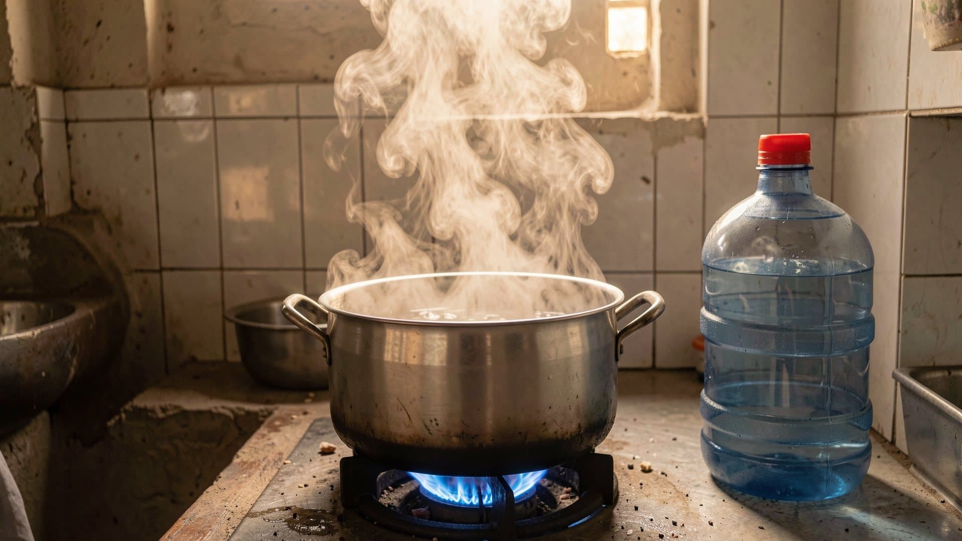 A steel pot of water at a rolling boil on a blue gas flame in a Pakistani kitchen, steam rising, with a blue water bottle on the counter beside it
