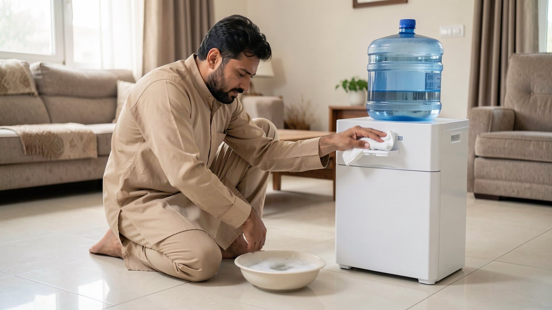 A man in a beige shalwar kameez kneeling beside a white water dispenser, wiping it with a cloth, with a bowl of soapy water on the floor