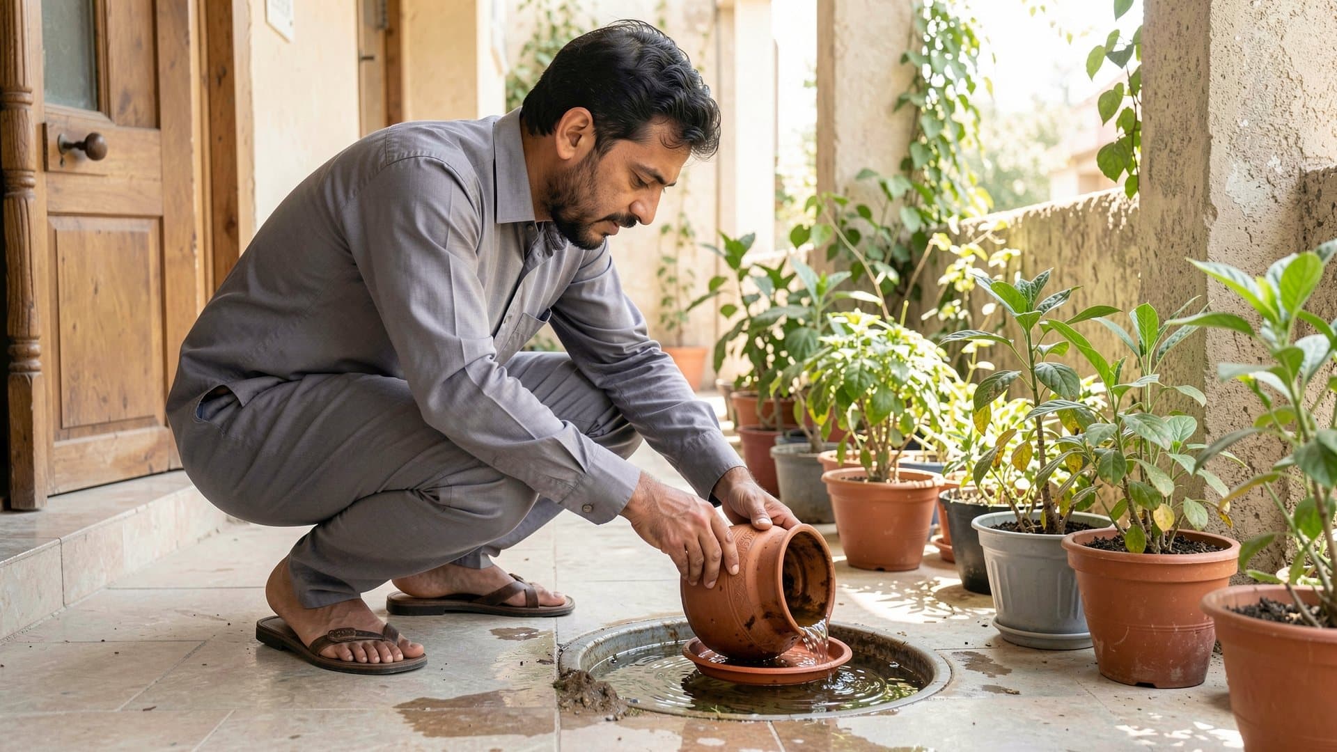 A man in a grey shalwar kameez crouching on a veranda, tipping standing water out of a clay pot and its saucer into a floor drain, with potted plants around him