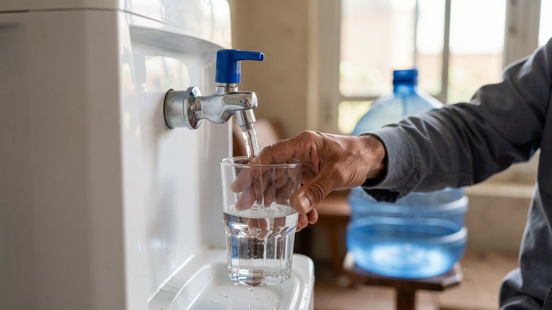 A man's hand filling a clear glass from the blue cold tap of a white water dispenser