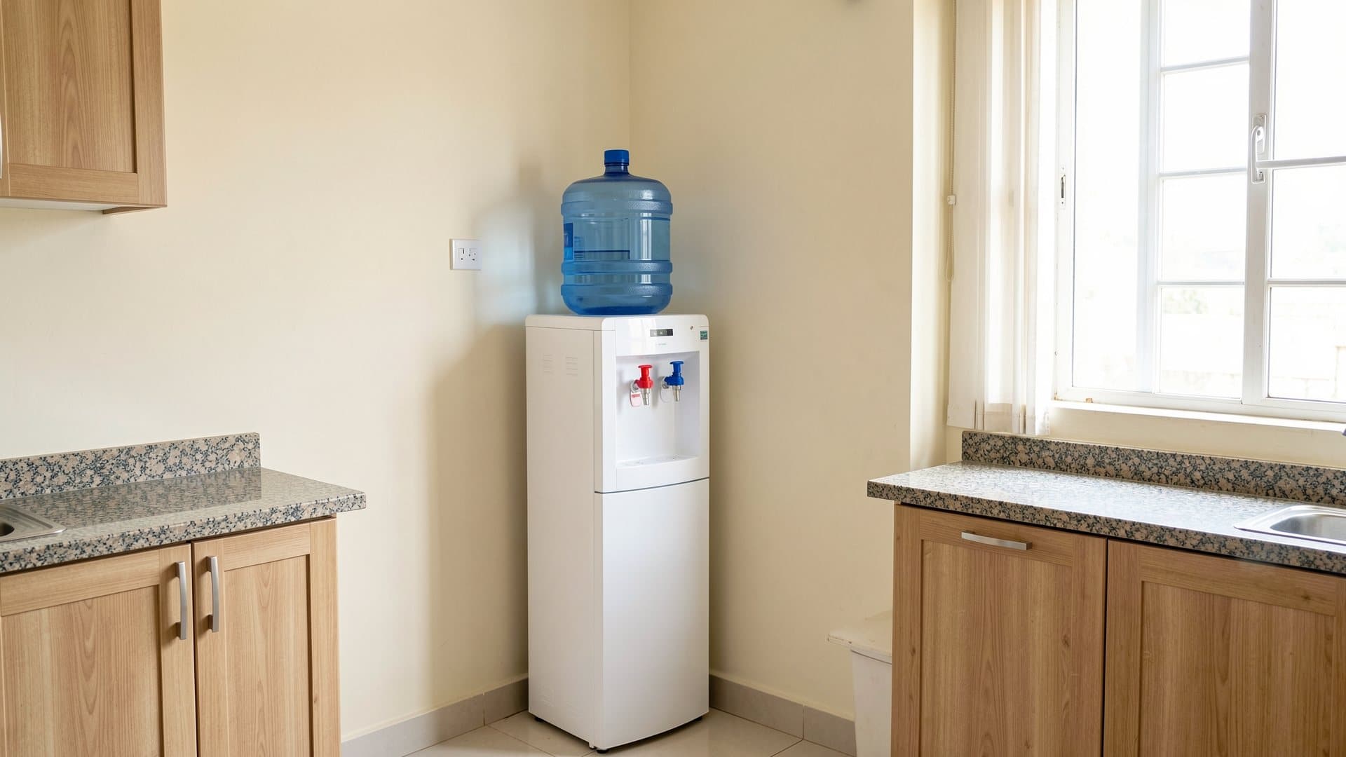 A white hot and cold water dispenser with a full blue 19 litre bottle on top, standing in the shaded corner of a clean kitchen