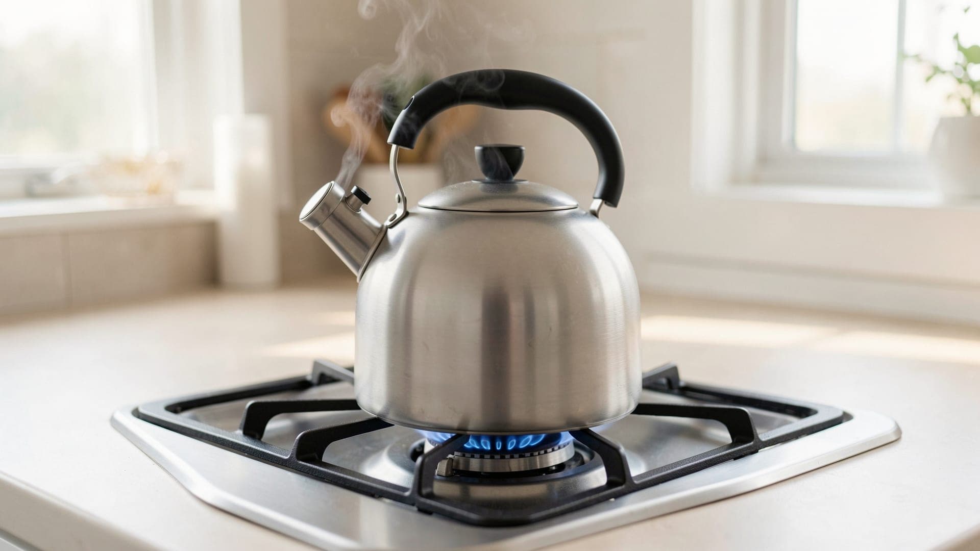 A steel kettle on a gas stove with steam rising, in a bright home kitchen