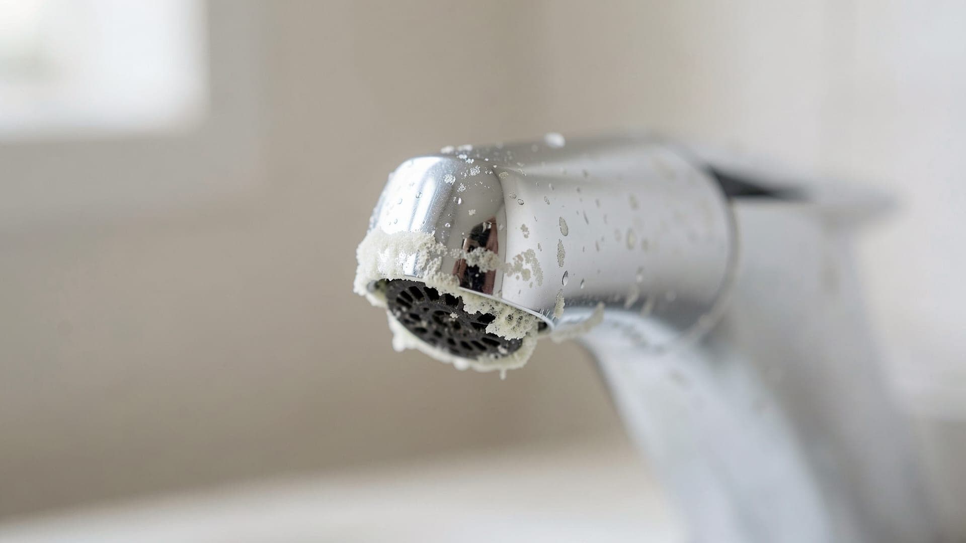 Close-up of a chrome tap spout with a chalky pale crust of limescale around the aerator and water spots on the metal