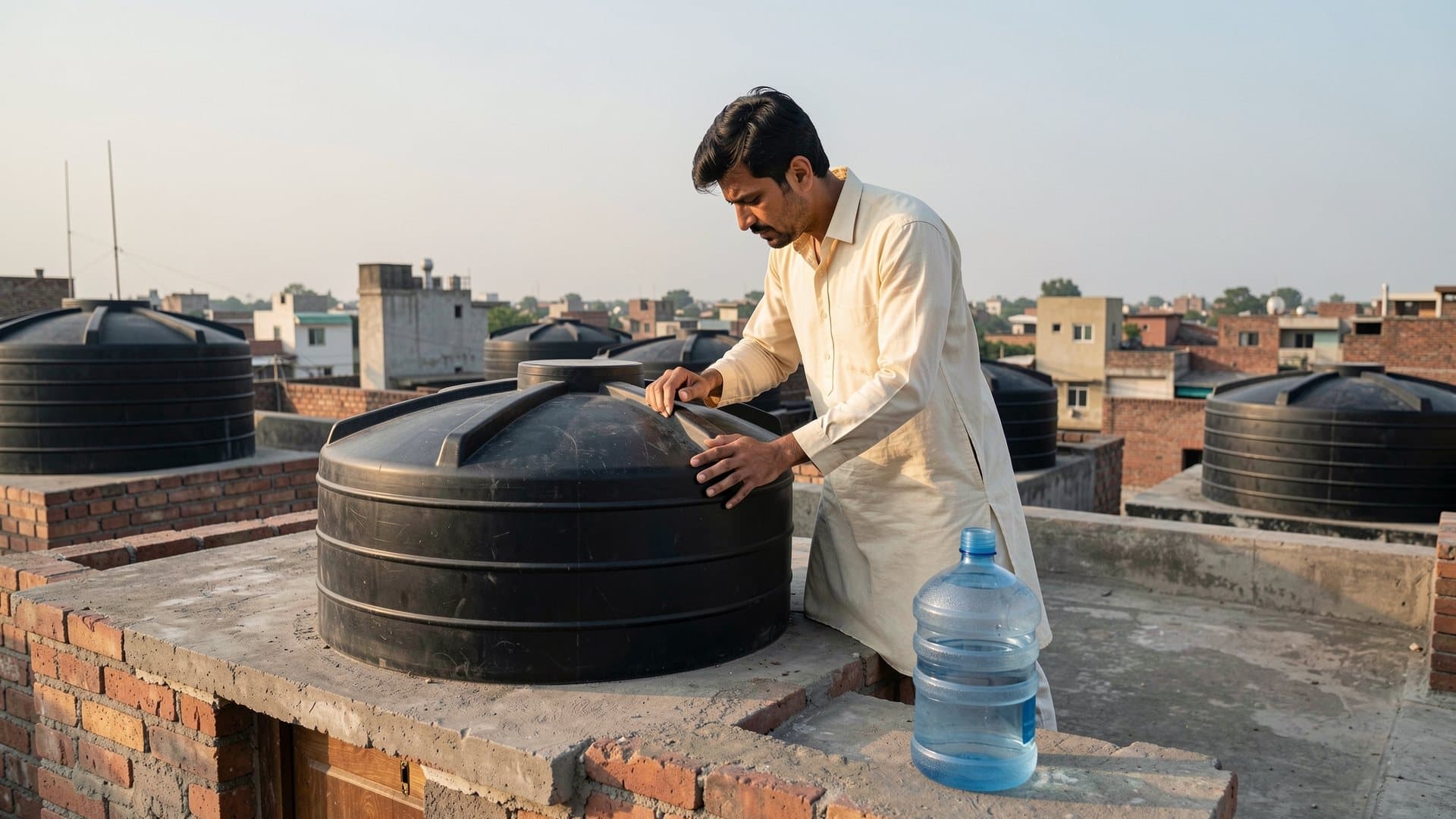 A man on a Lahore rooftop checking the lid of a black plastic water tank, with other houses and water tanks behind him