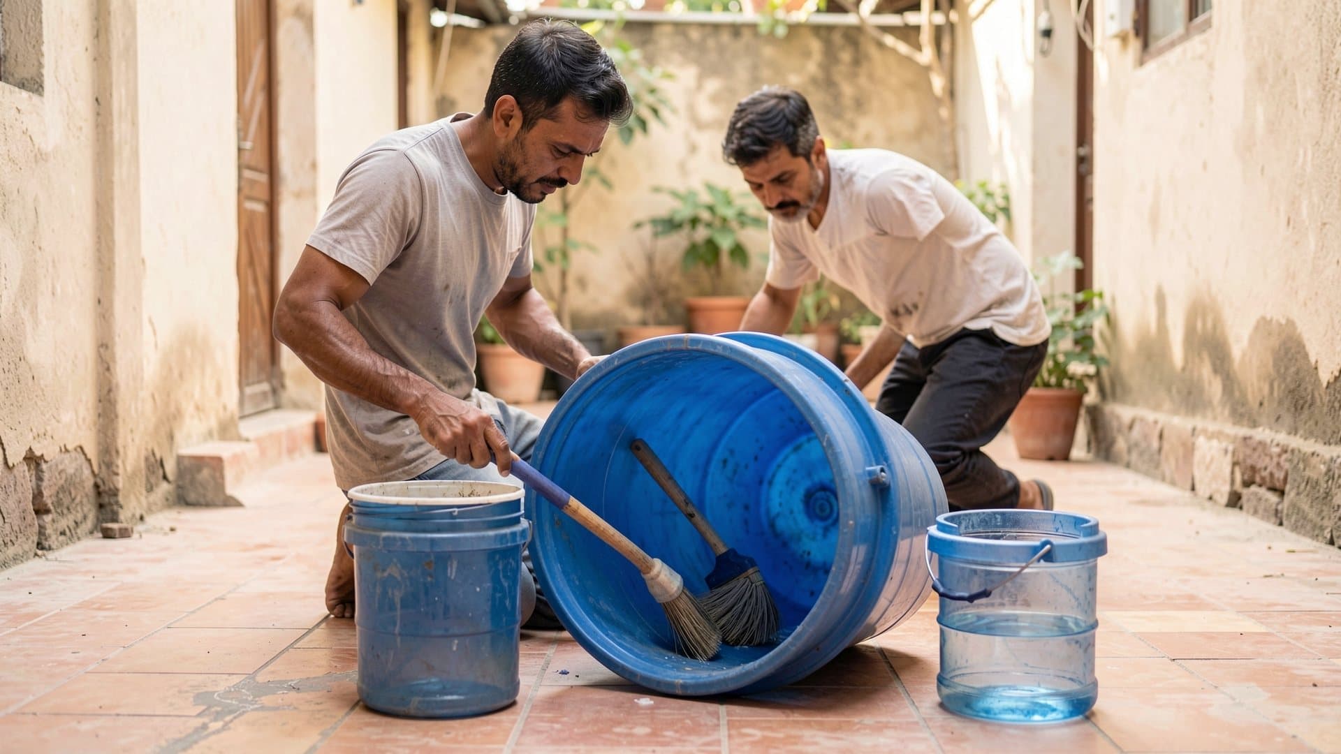 Two men in a home courtyard scrubbing the inside of an empty blue plastic water drum with long brushes, with buckets beside them