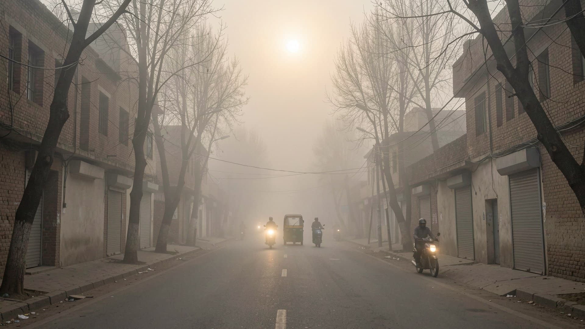 A Lahore street in thick winter smog, with motorbikes and buildings fading into a grey haze under a pale sun