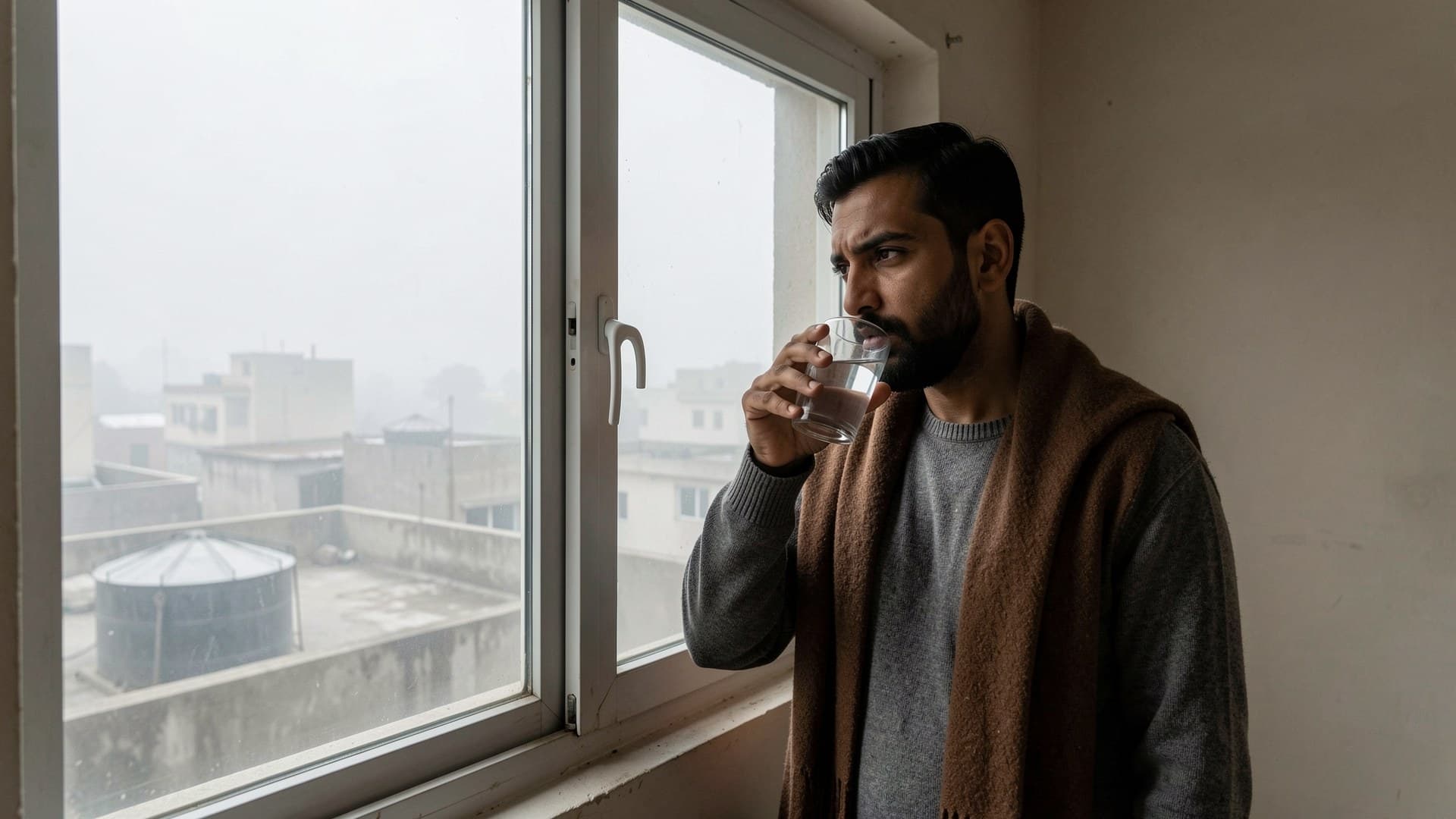 A man in a sweater standing by a closed window drinking a glass of water, with thick smog over the rooftops outside