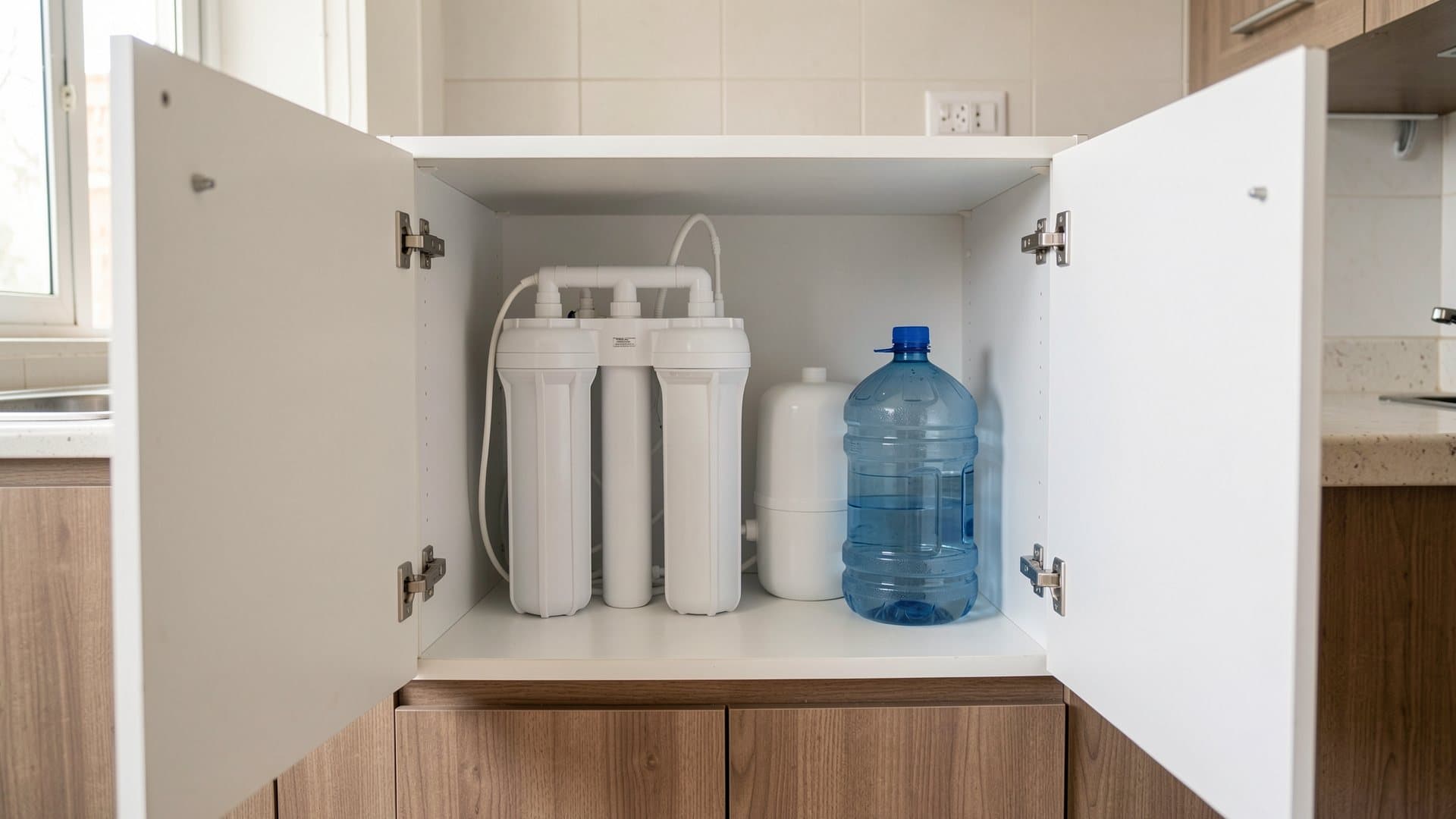 A domestic reverse osmosis water filter with three white filter housings and a small tank inside an open kitchen sink cabinet