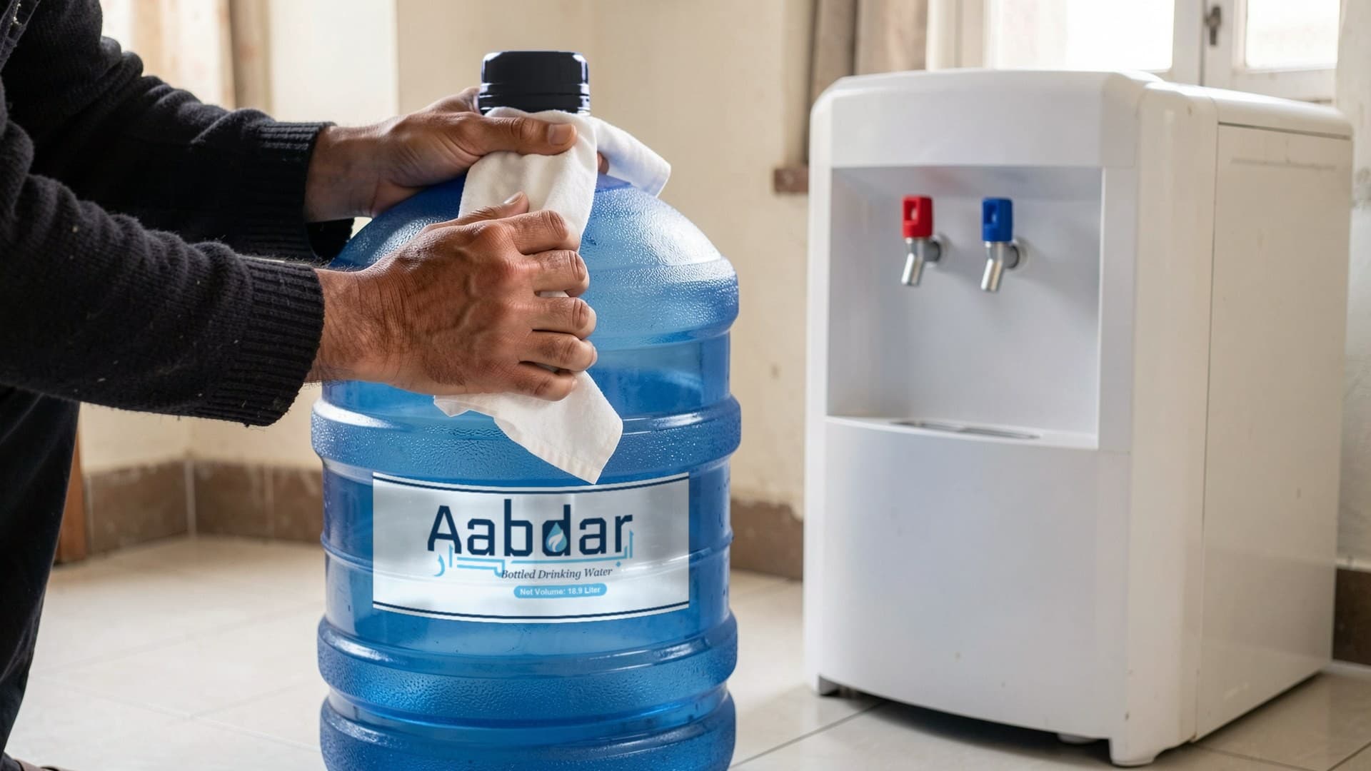 A man's hands wiping the neck of a full 19 litre Aabdar water bottle with a clean cloth beside a white water dispenser
