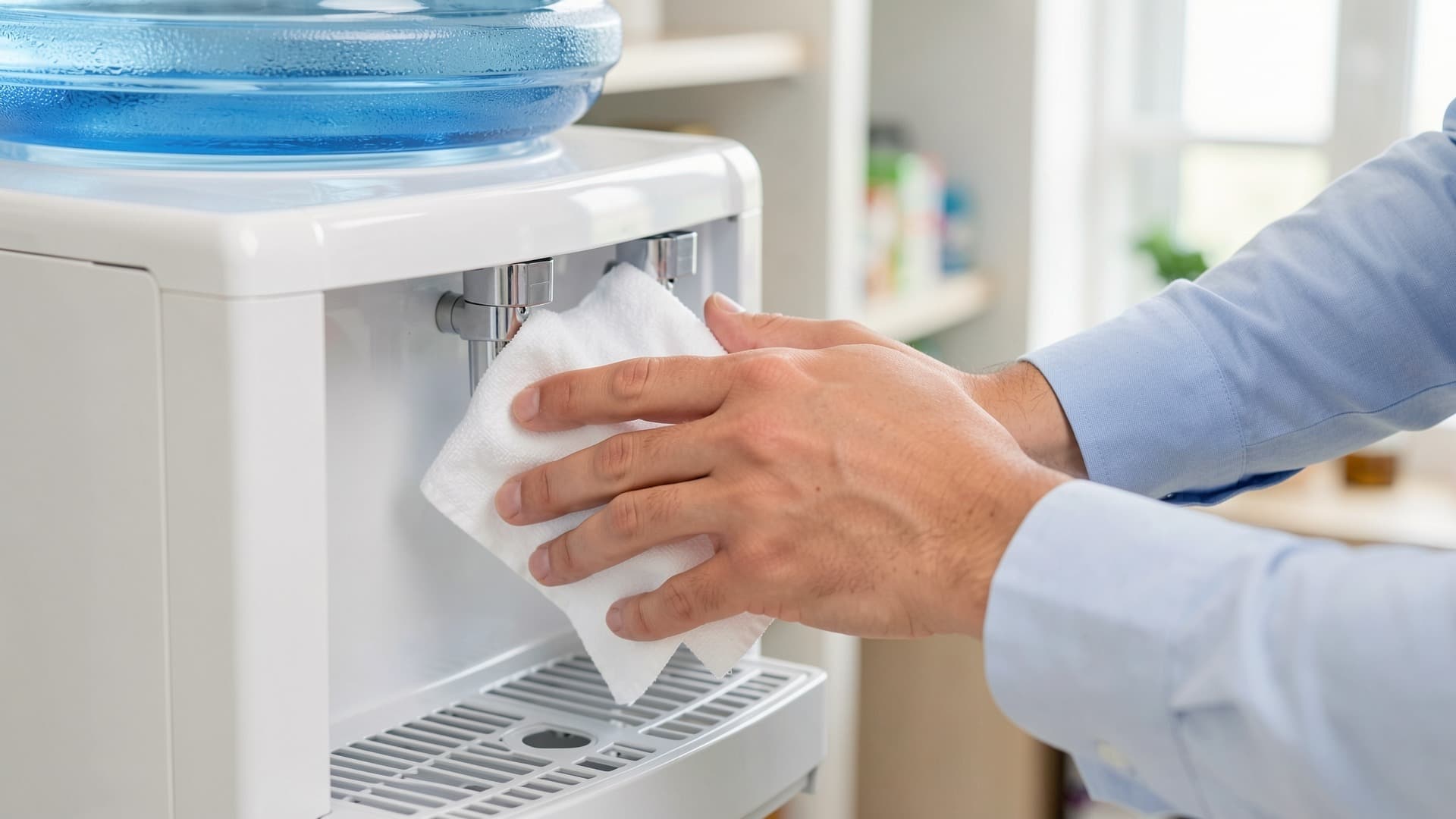 Hands wiping the taps of an office water dispenser with a clean cloth