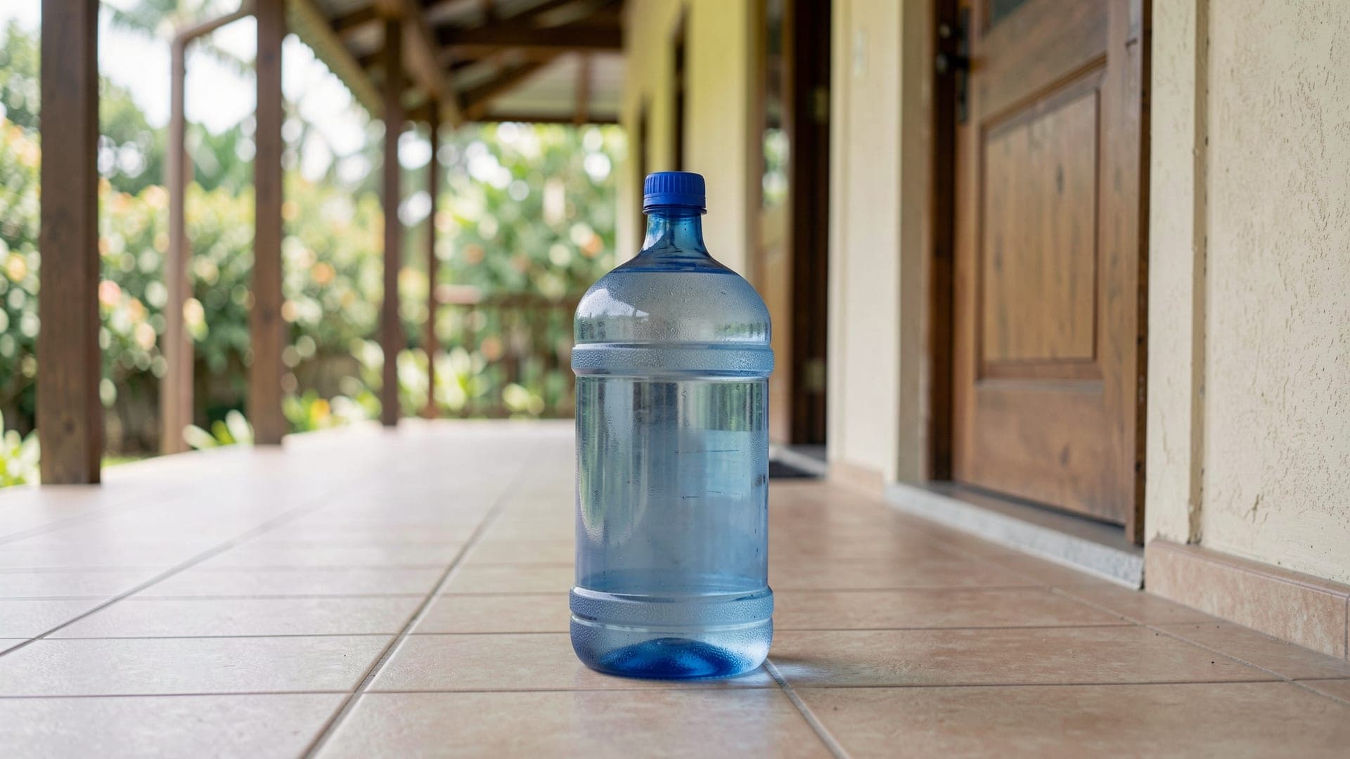 A single blue 19 litre water bottle with a blue cap standing on the tiled floor of a covered verandah beside a house door