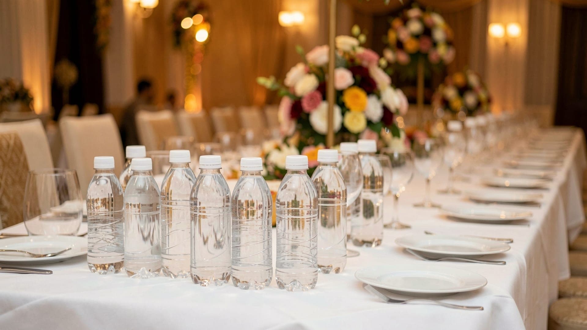 A long banquet table in a wedding hall set with white cloth, plates and rows of small plain water bottles, with flower arrangements behind
