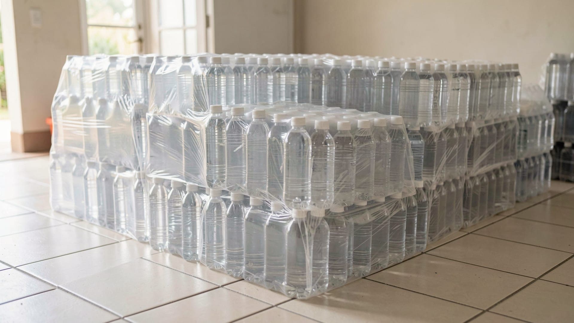 Neat stacks of shrink-wrapped packs of small clear water bottles on a tiled floor in a store room, with daylight from a doorway