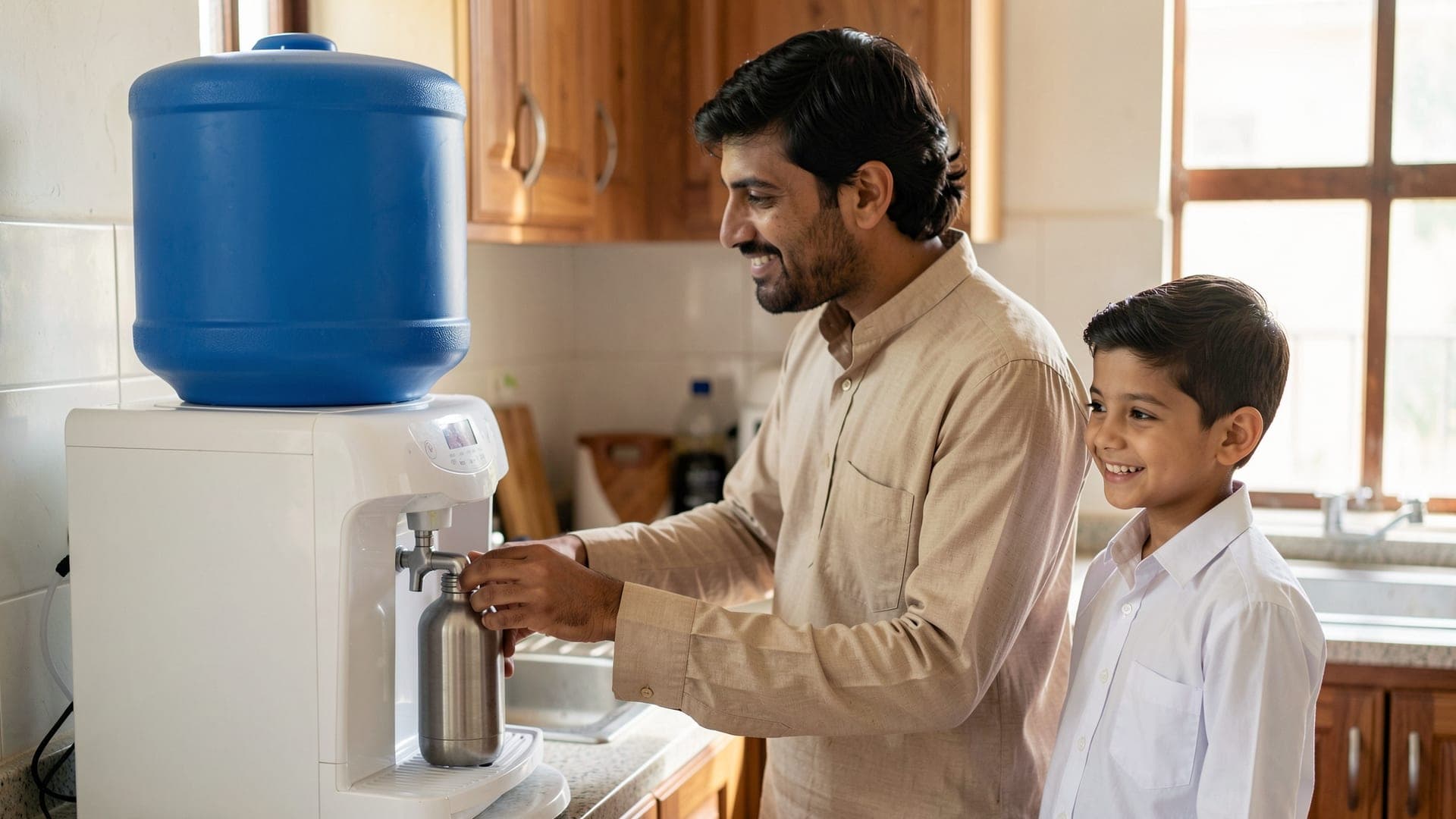 A father filling his son's steel water bottle from the tap of a white home water dispenser while the boy, in a white school shirt, smiles beside him
