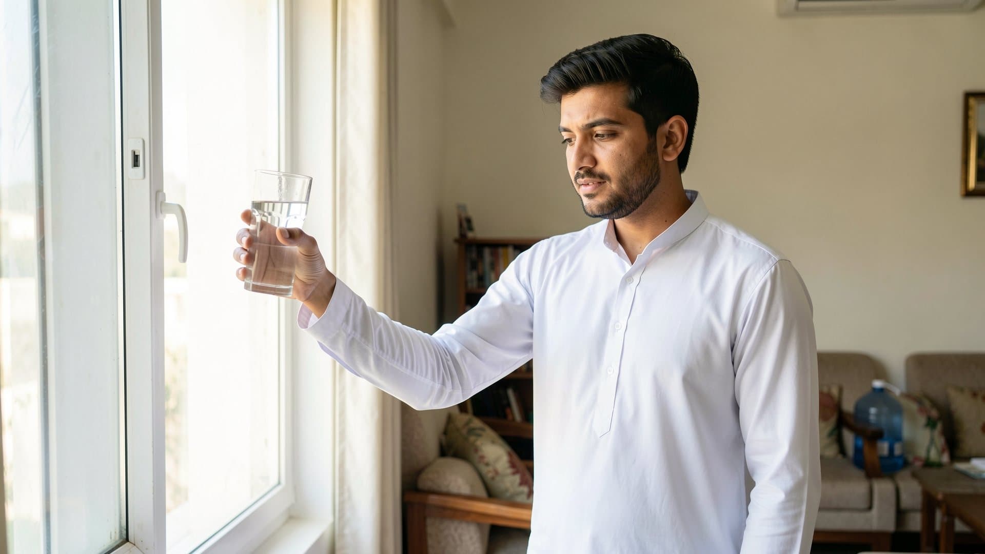 A man in a white kurta by a bright window holding a clear glass of water up to the light to look at how clear it is