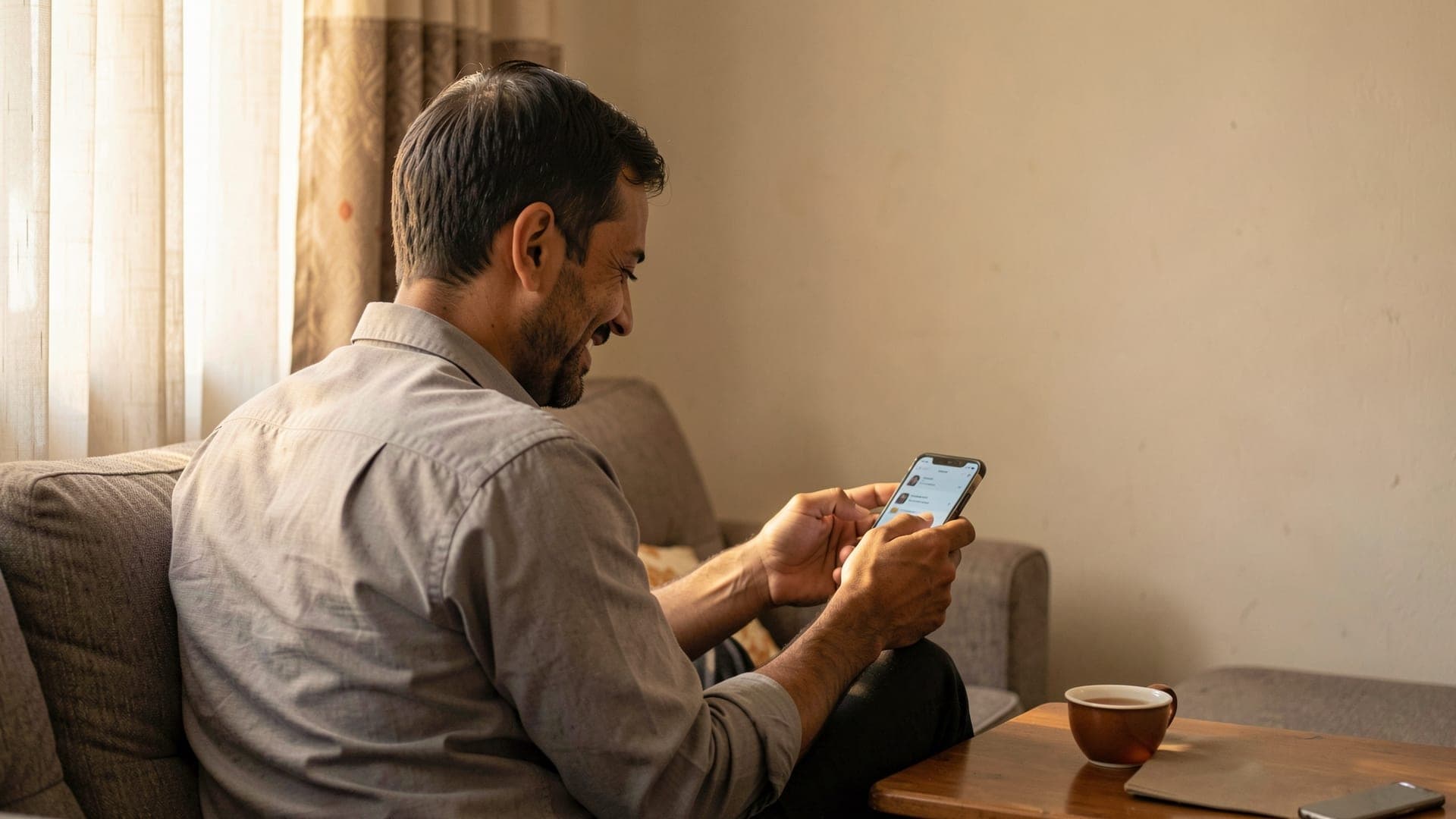 A man sitting on a sofa at home, smiling as he reads something on his phone, with a cup of tea on the side table