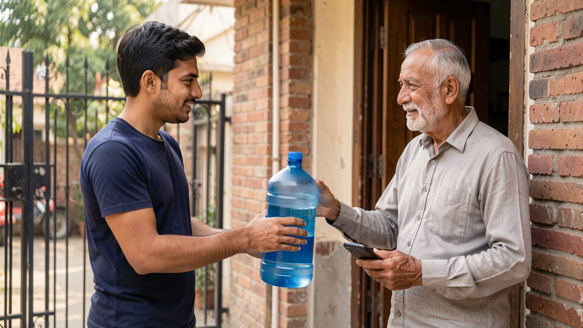 A young delivery man handing a blue water bottle to an older man at the front door of a brick house; the older man holds a phone