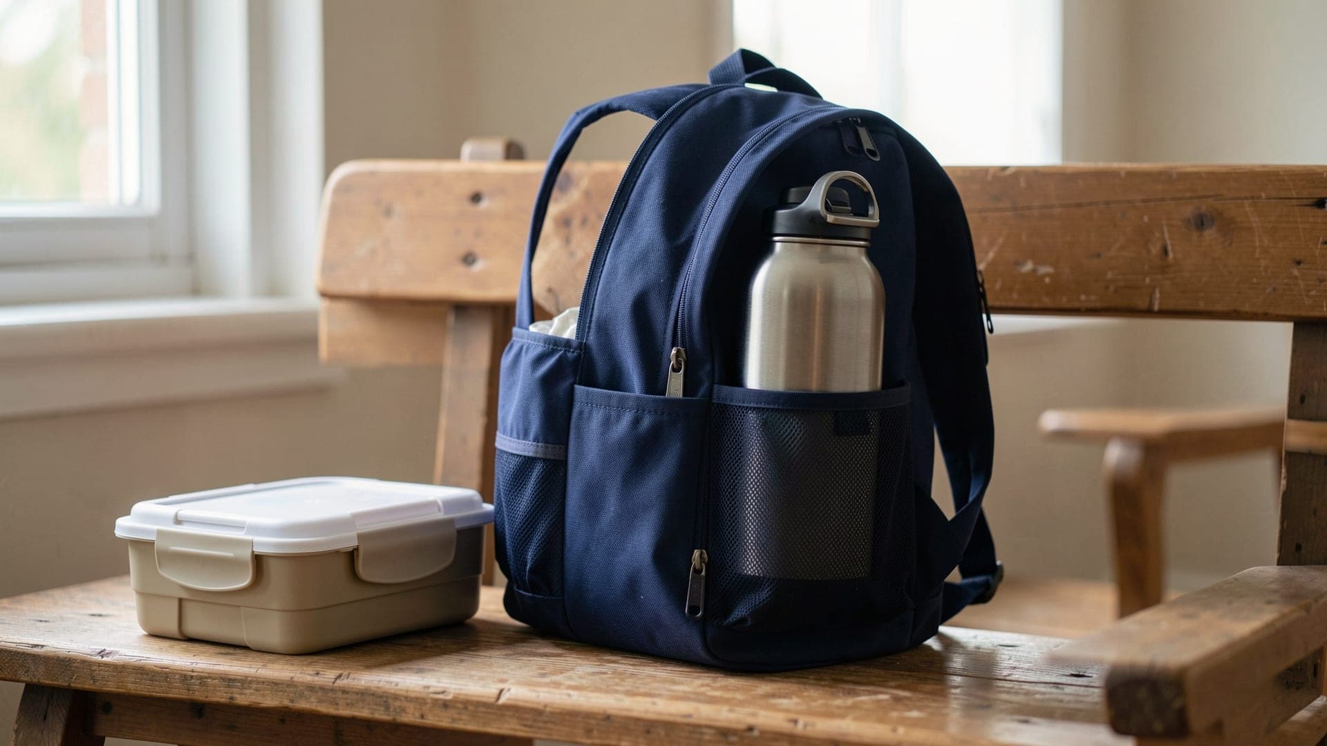 A navy blue school backpack on a wooden bench with a steel water bottle in its side pocket and a lunch box beside it