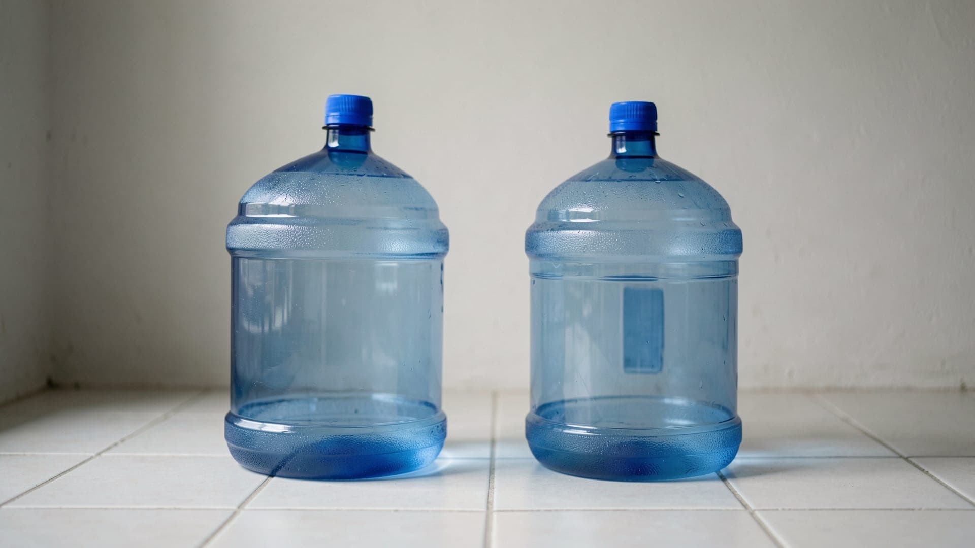 Two blue 19 litre water bottles with blue caps standing on a white tiled floor against a plain wall in a shaded room