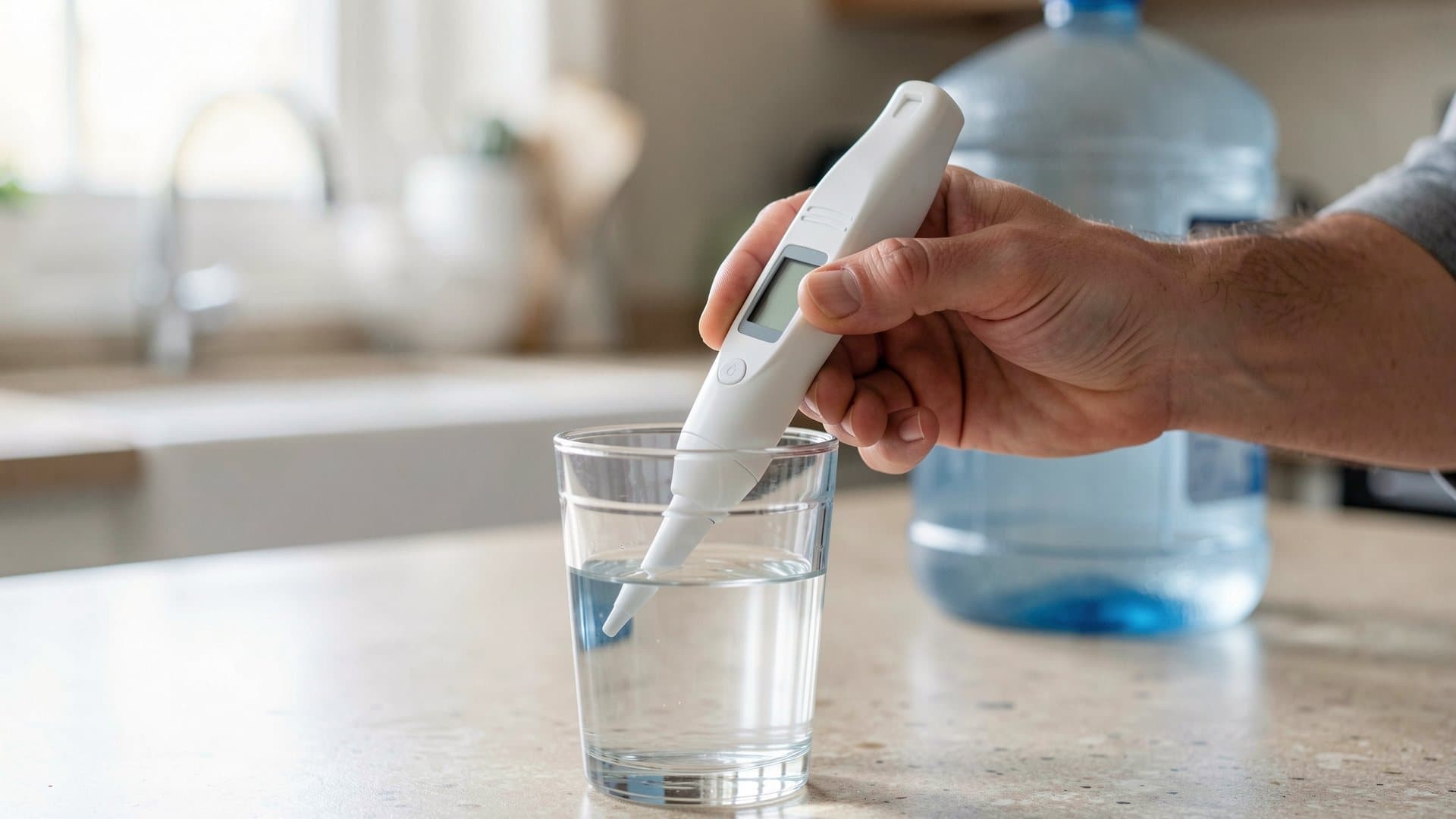 A man's hand dipping a white handheld TDS meter into a clear glass of water on a kitchen counter, with a blue 19 litre bottle blurred behind