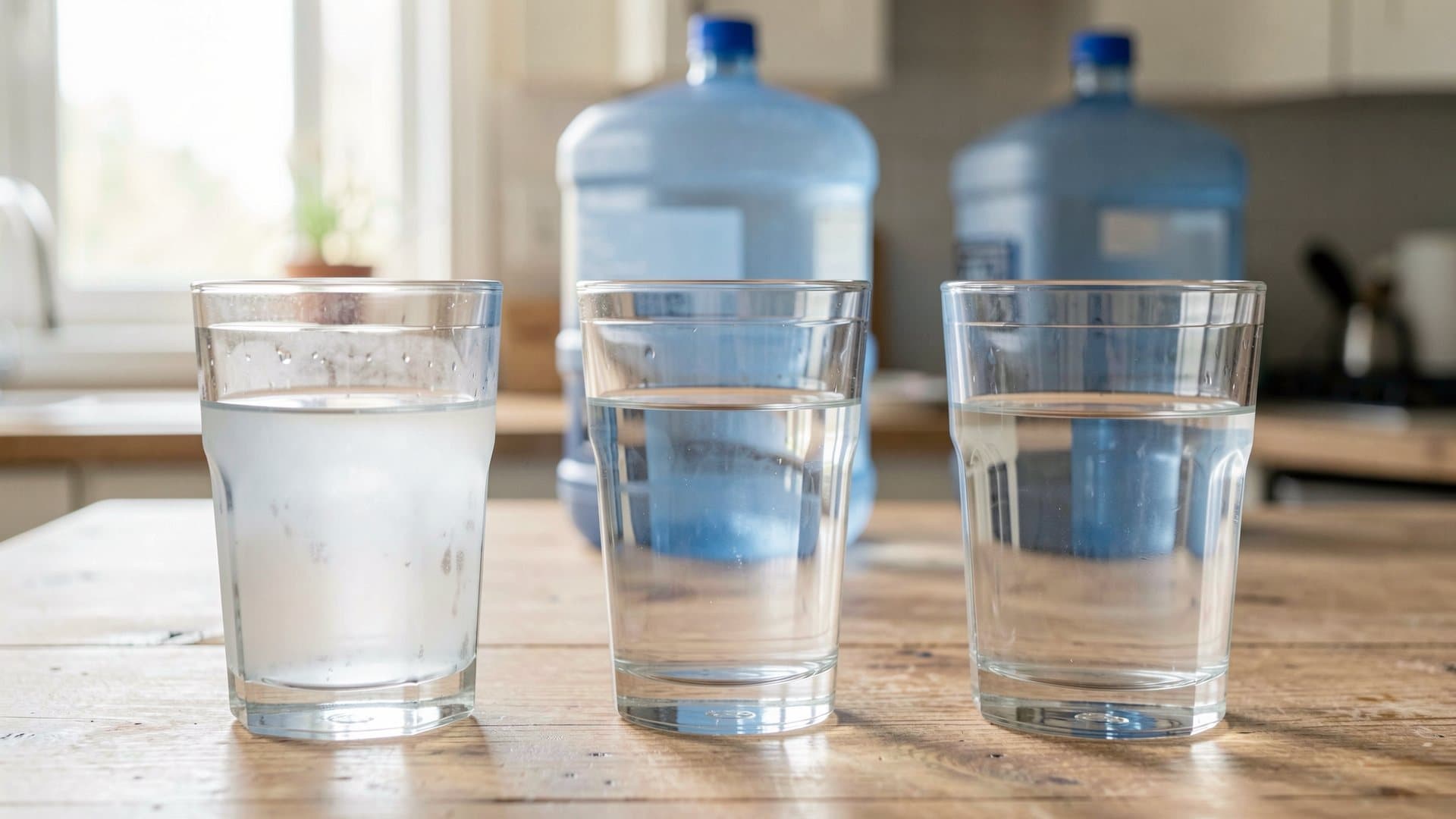 Three clear glasses of water in a row on a wooden kitchen table, one slightly cloudy, with blue 19 litre bottles blurred behind them