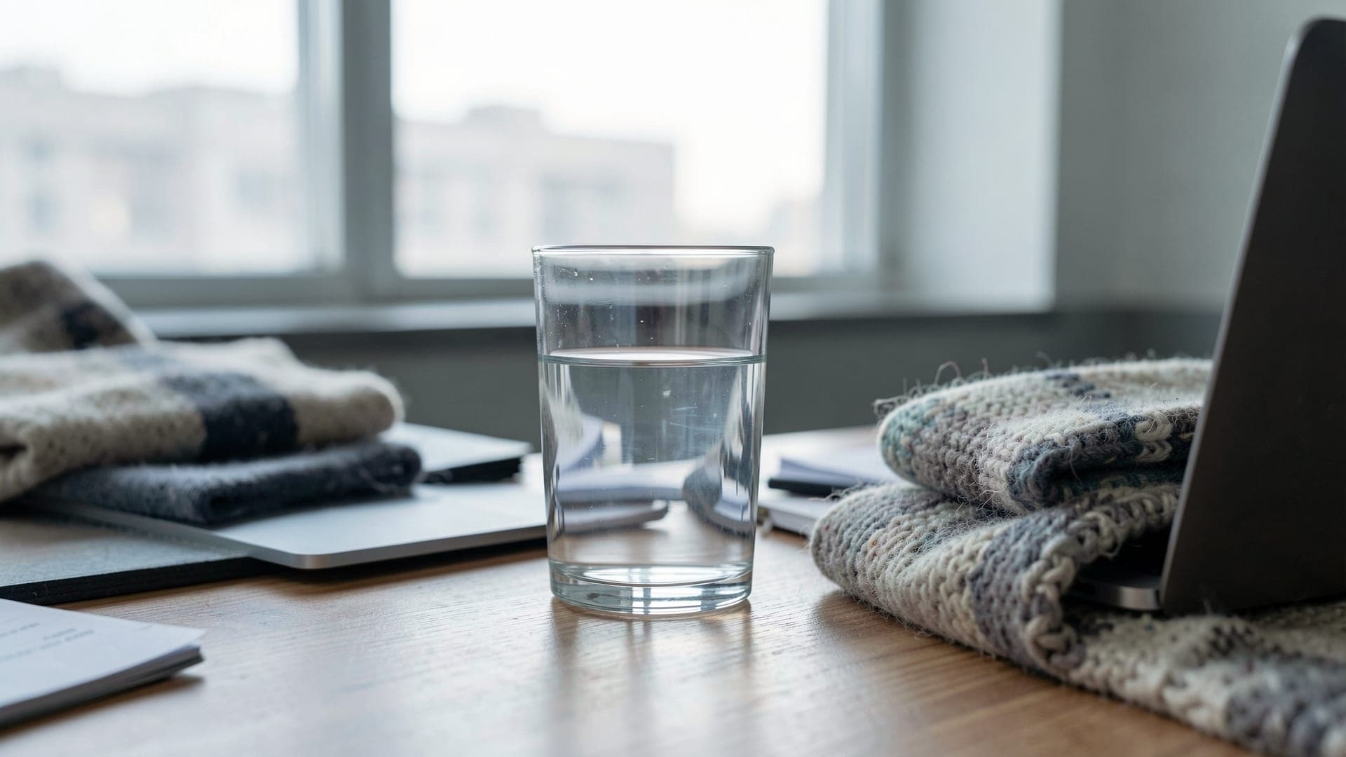 A plain glass of water on a wooden desk beside folded woollen shawls and a laptop, with cool grey daylight through a window